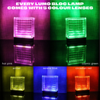 Weave pattern glass block lit up in all 5 interchangeable colour lenses: hot pink, cosmic green, amber, serene blue and circadian red