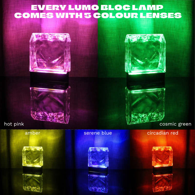 Arch pattern glass block lit up in all 5 interchangeable colour lenses: hot pink, cosmic green, amber, serene blue and circadian red