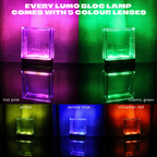 Blue pattern glass block lit up in all 5 interchangeable colour lenses: hot pink, cosmic green, amber, serene blue and circadian red