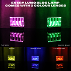 Column pattern glass block lit up in all 5 interchangeable colour lenses: hot pink, cosmic green, amber, serene blue and circadian red